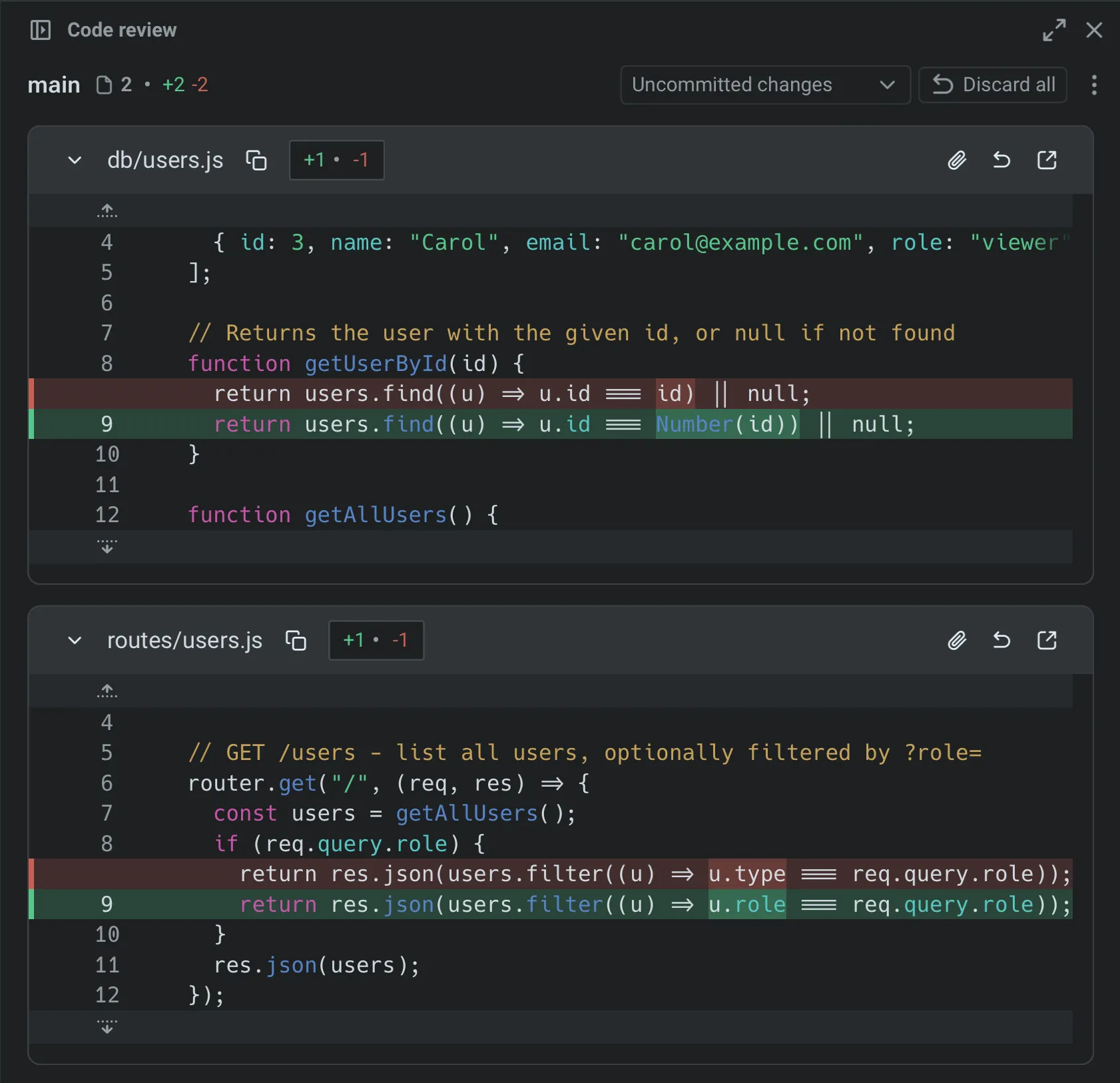 Code Review panel showing file diffs between branches